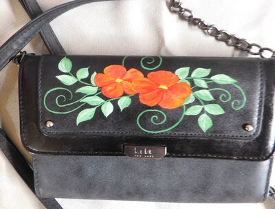 Hand painted crossbody handbag, OOAK Orange flowers painted shoulder bag - image2